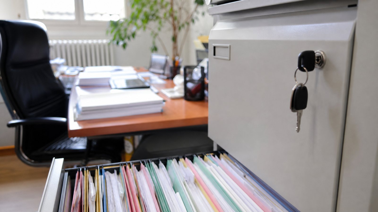 Agent municipal classant des dossiers d'inscription à la cantine dans un bureau de mairie